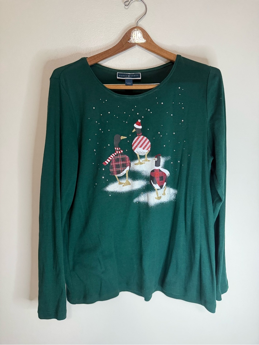 Karen Scott Holiday Green Long-Sleeve Sweater with Festive Duck Motif size large